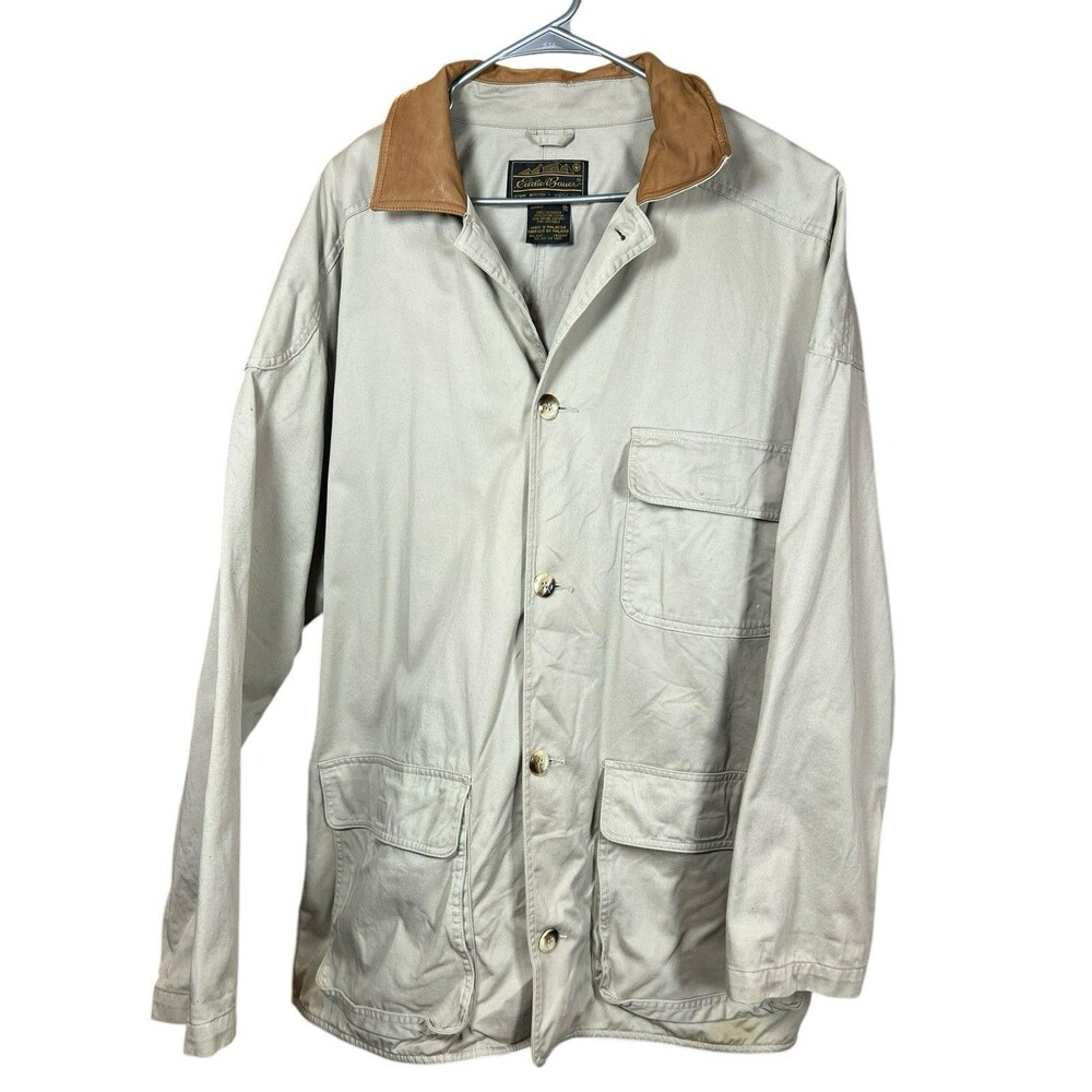 VTG Men's Eddie Bauer Khaki Chore Barn Coat Sz XL Relaxed Genuine Leather Cargo